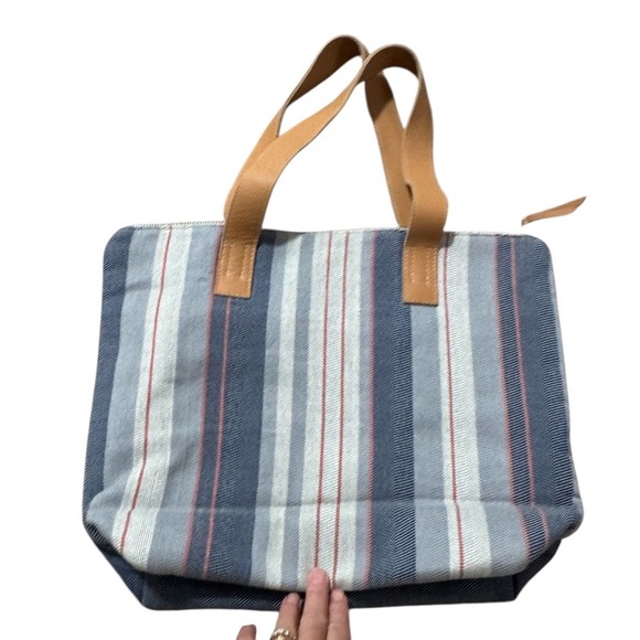 Mercado Global Striped Denim Tote Bag with Leather Straps & Zipper Closure - Picture 1 of 11